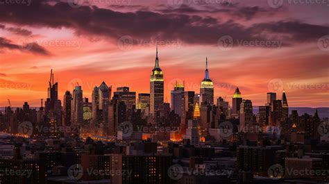 Amazing Panorama View Of New York City Skyline And Skyscraper At Sunset