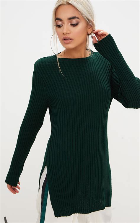 Forest Green Round Neck Side Split Knitted Jumper Prettylittlething Ie