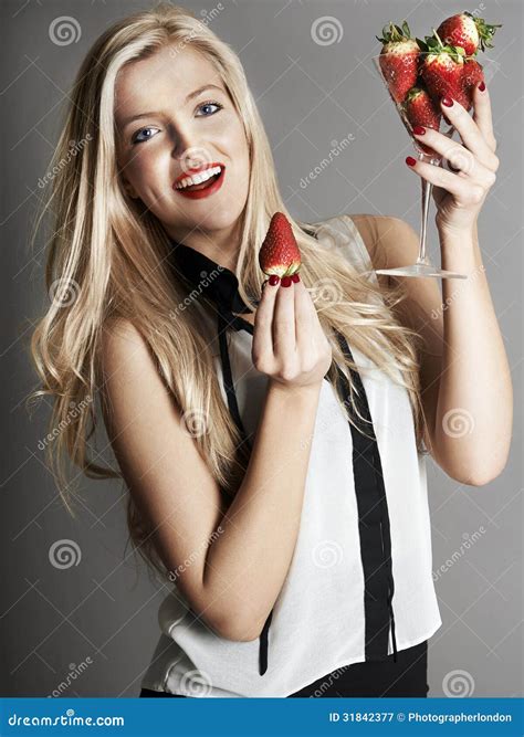 Pretty Blonde Girl Holding Glass Of Strawberries Stock Image Image Of Front Closeup 31842377