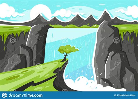 Flat Waterfall With Tree On Green Plain And Mountain Background Stock
