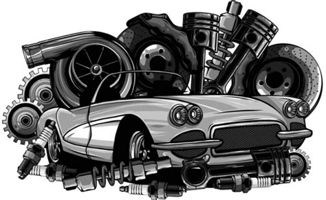 Vector Illustration Of Vintage Car Components Machine Set Gearbox