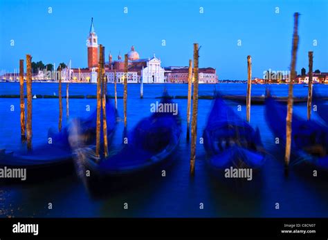 Gondolas Moored At Mooring Poles Piazza San Marco Venice Italy Stock