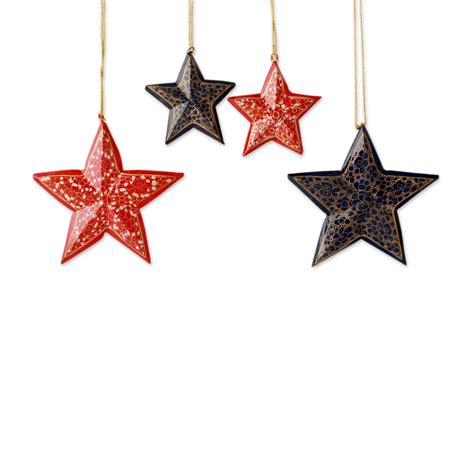 Artisan Crafted Wooden Star Christmas Ornaments Set Of 4 Midnight