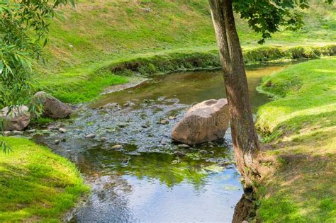 A Small Picturesque River With Stones In The Park Stock Photo Image
