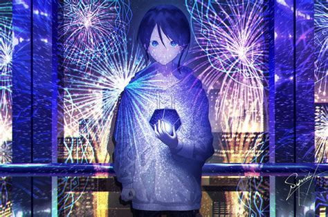 Download 2560x1700 Anime Boy Fireworks Hoodie Blue Eyes Wallpapers