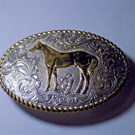 Vintage Crumrine Horse Belt Buckle Silver Plate On Gem