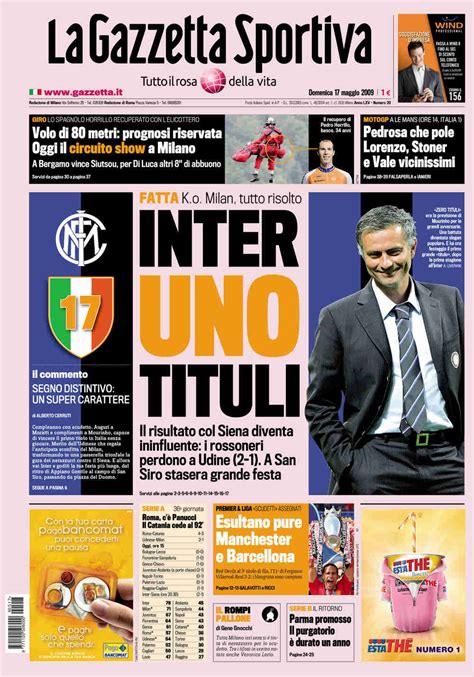 E' possibile visualizzare sia un'anteprima dell'articolo che l'articolo completo, semplicemente cliccando sull'anteprima. Prima pagina de La Gazzetta Dello Sport del 17 maggio 2009