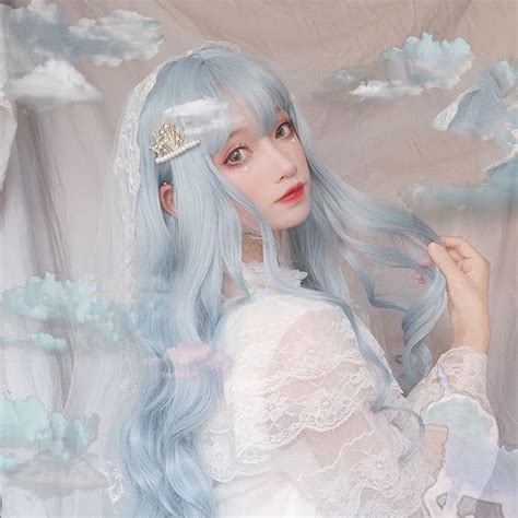 Soft Girl Cute Blue Long Hair Wig With Bangs Anime Aesthetic