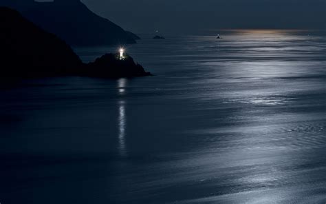 Lighthouse Coast Night Ocean Sea Reflection Moon Moonlight Lights