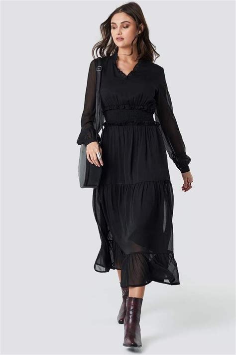 Ruffle Details Flowy Midi Dress Black Long Sleeve Lace Midi Dress