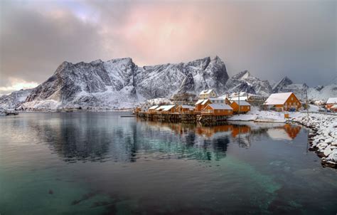 Обои зима горы дома Норвегия поселок фьорд Лофотенские острова