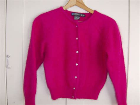 Hot Pink Angora Cardigan Sweater W Rhinestone Buttons