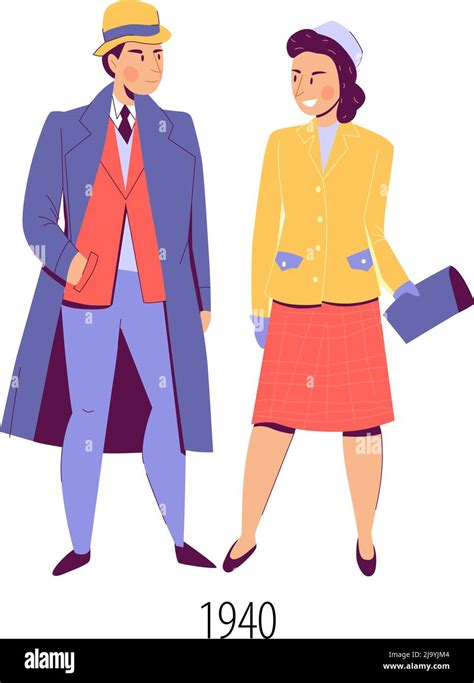 Characters Of Man And Woman Wearing 1940 Fashion Clothes Flat Isolated