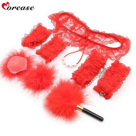 Morease 5 Pcs Set Lace Sex Red Flirting Adult Game Handandankle Cuffs Sexy Feather Nipple Cover