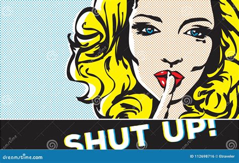 Shhh Speech Bubble Pop Art Pin Up Woman With Finger On Her Lips Stock