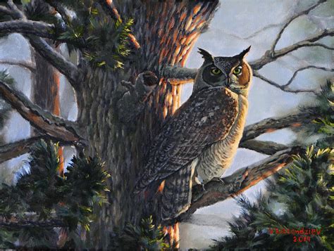 Great Horned Owl Painting By Valentin Katrandzhiev
