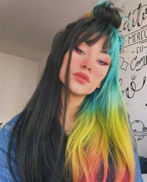 Rainbow And Black Split Dye Aesthetic Hair Hair Styles Split Dyed Hair