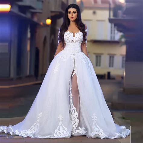 Buy Unique Sexy Bridal Dresses High Side Split Romantic Wedding Gowns Lace Long