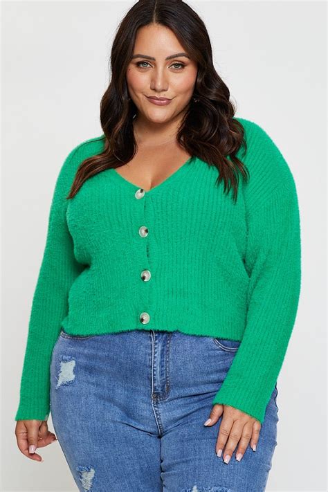 Plus Size Green Cardigan Long Sleeve Fluffy Semi Crop Knit You All