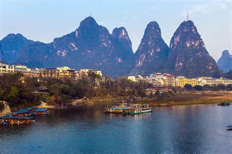 Mountains And River Sunrise View At Guilin City In China Stock Photo