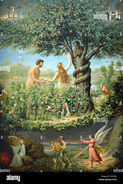 Erbsünde Adam Und Eva Im Garten Eden Späten C19th Chromolithographie