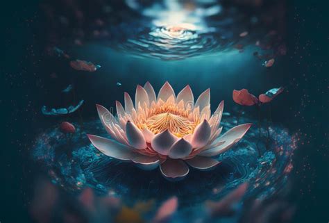 Lotus Flower Floating In The Centre Of A Blue Water With A Blurred