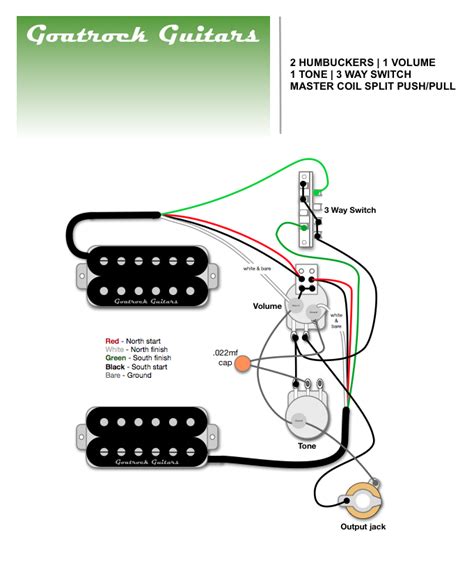 Guitar wiring diagram 2 humbucker 1 volume 1 tone source: Goatrock Guitars Wiring Diagram 2 Humbucker | 1 Volume | 1 Tone | 3 way blade switch | 1 Master ...