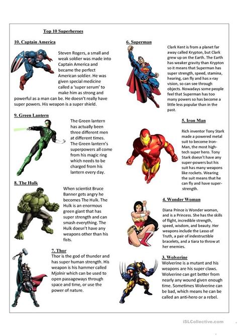 Top 10 Superheroes Reading Comprehension English Activities English