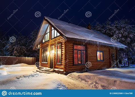 Rustic Log House Snow Covered Pine Trees Snowdrifts Fabulous Winter
