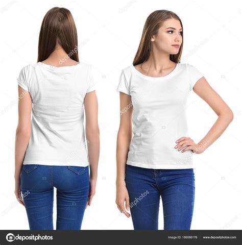 Front And Back Views Of Young Woman In Stylish T Shirt On White