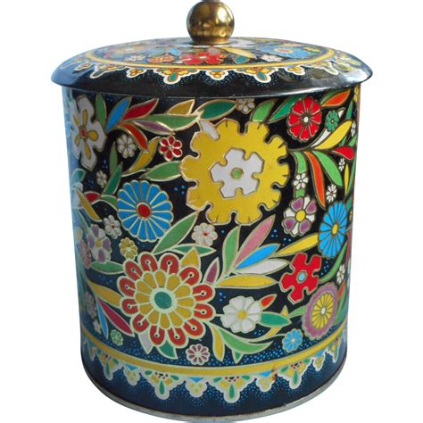 Vintage 1950s Tin Canister Daher Ware Flowers On Black From Mercymaude