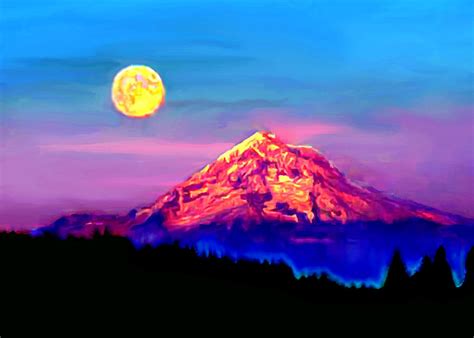 Full Moon Rising Over Mount Hood Oregon Painting By Bob And Nadine Johnston