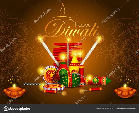 Colorful Fire Cracker With Decorated Diya For Happy Diwali Festival
