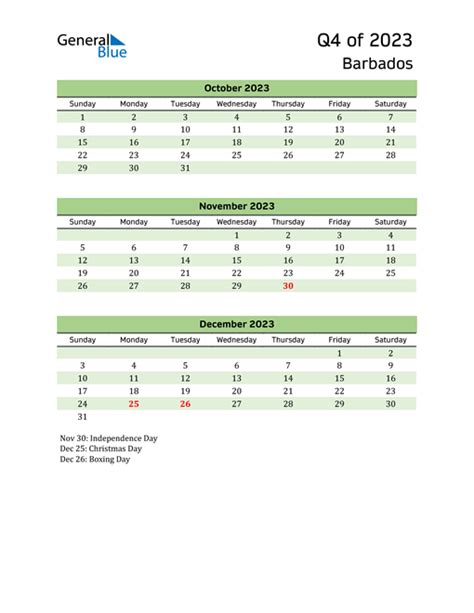 Q4 2023 Quarterly Calendar With Barbados Holidays