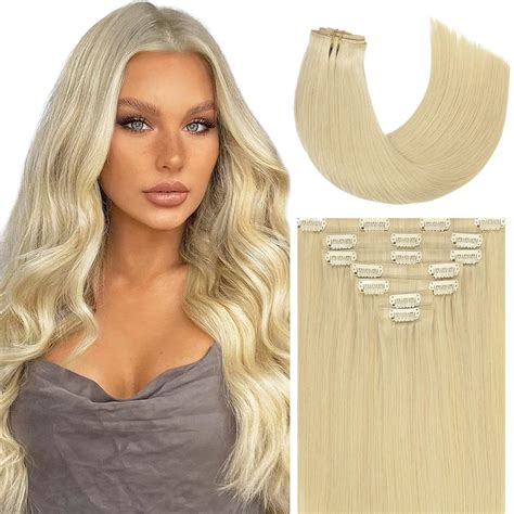Amazon Com Caliee Clip In Hair Extensions Real Human Hair Color Bleach Blonde PU Weft