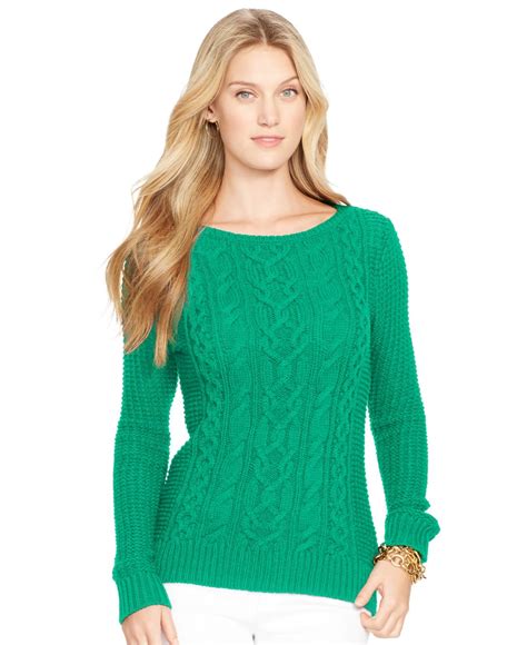 Lyst Lauren By Ralph Lauren Boat Neck Cable Knit Sweater In Green