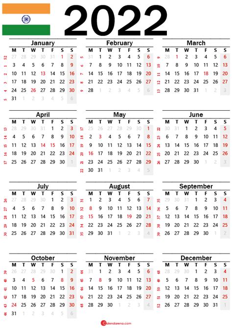 2022 Calendar With Holidays Printable India