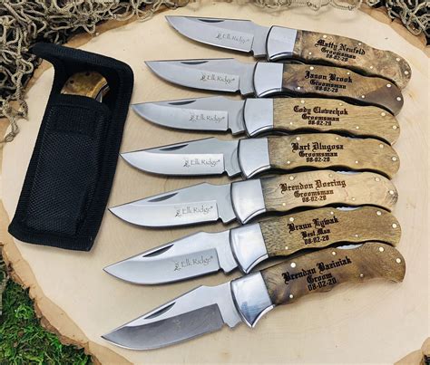 Set Of 8 Groomsmen T Knives Engraved Burlwood Handles Etsy