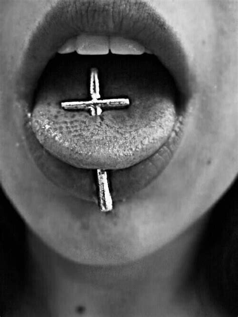 Body Modification Tongue Piercing With A Cross Jewelry Accent Mouth