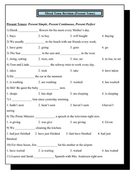 Mixed Tense Revision Present Tenses Present Simple Present