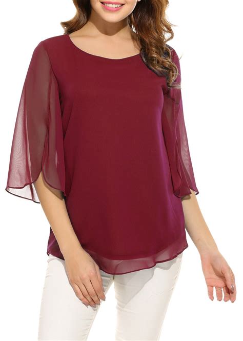 Oyamiki Womens Half Sleeve Layered Flowy Chiffon Blouses Round Neck Top Shirts - Special Deals 2019