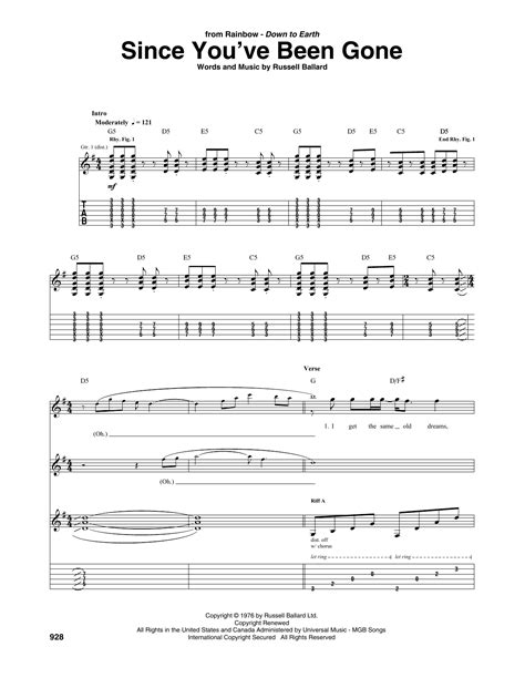 rainbow since you ve been gone sheet music download printable rock pdf score how to play