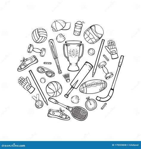 Sports Equipment And Accessories Vector Hand Drawing In Cartoon Style