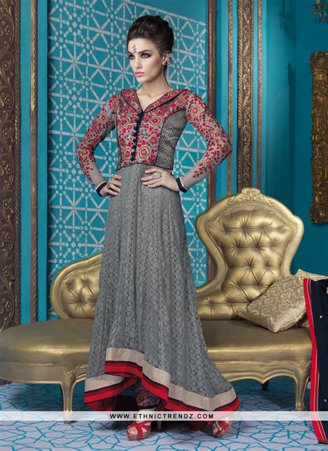 Lustrous Net Grey Designer Suit Indian Women Fashion Gorgeous
