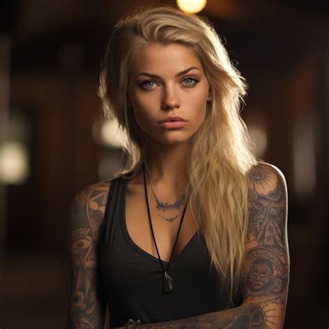 Premium Ai Image A Woman With Long Blonde Hair And A Tattoo Of A Woman With Tattoos On Her Arm