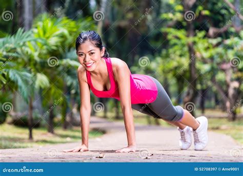 Strong Asian Woman Doing Sport Push Up In Park Stock Image Image Of