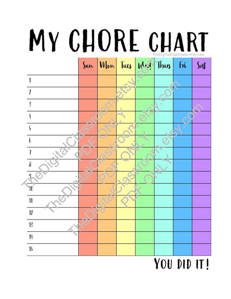 Simple Rainbow Chore Chart Etsy