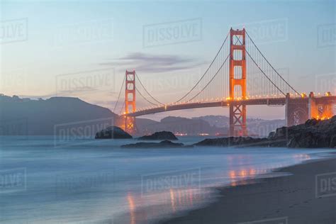 view of golden gate bridge from baker beach at dusk south bay san francisco california
