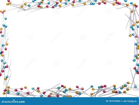 Border Of Red And Blue And Yellow Push Pin On White Background Stock