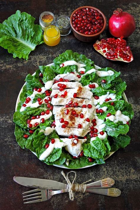 Healthy Green Salad With Romaine Lettuce Turkey Breast Pomegranate
